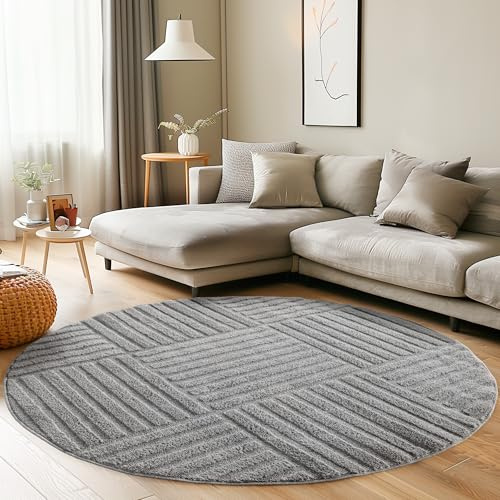 Carpettex Wohnzimmer Teppich Rund 80 cm Grau Hochflor Skandi Boho Karo Design Hoch-Tief Effekt Weicher Shaggy Langflor Flauschig Pflegeleicht Modern für beistelltisch