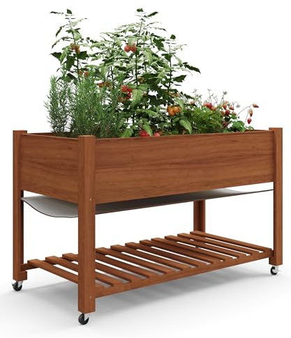 Aptliton Sturdy Elevated Raised Garden Bed with Wheels and Legs – Large Wooden Planter Box with Bottom Shelf, Protective Liner – Outdoor Patio, Backyard Container for Vegetables, Herbs, Flowers – Oak