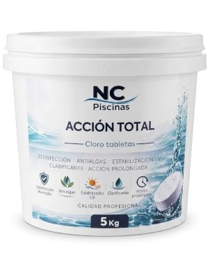 NC Piscinas - Cloro para Piscina en Pastillas de 200 g de Disolución Lenta (5 kg) | 5 Acciones para Agua Deteriorada, Tratamiento con Algicida, Floculante y Protección UV