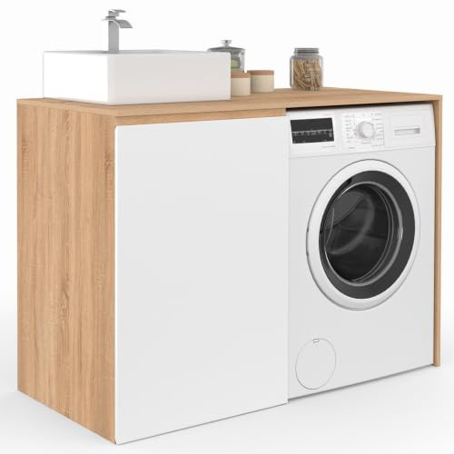 IDMarket – Mueble lavadora o secadora de ropa con armario TOMI, mueble lavabo de madera de haya y blanco