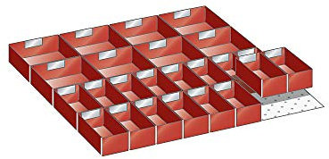 LISTA Einsatzkästen, Fronthöhe 100 mm, 16 kästen 150x75 mm, 8 kästen 150x150 mm, Schubladennutzgröße BxT 612x612 mm