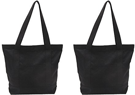 Augbunny Strapazierfähige Einkaufstasche aus 100 % Baumwolle mit Reißverschluss, Strandtasche, Einkaufstasche mit Außentasche, 2 Stück, Schwarz M (Schwarz) - B-18-BS
