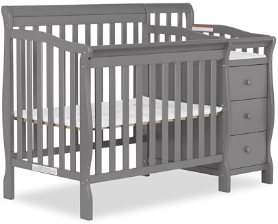 Dream On Me Jayden 4‑in‑1 Mini Convertible Baby Crib & Changer with Storage, Steel Grey, Pinewood, GreenGuard Gold & JPMA, 1” Mattress Pad, 3 Mattress Heights, Converts to Mini Day & Twin-Size Bed