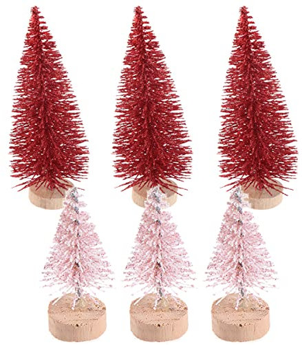 Yiphates 6 Pcs Mini Christmas Tree Bottle Brush Christmas Trees Artificial Sisal Tabletop Sisal with Wood Base for Christmas Party Home Decoration(Red&Pink)