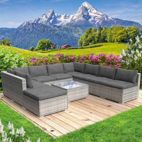 BRAST® Gartenmöbel Lounge Set | 6-7 Personen viele Modelle & Farben | inkl. extra Dicke Kissen | TÜV geprüft | Outdoor Loungemöbel Sitzgruppe Essgruppe Garnitur | Paradise Grau