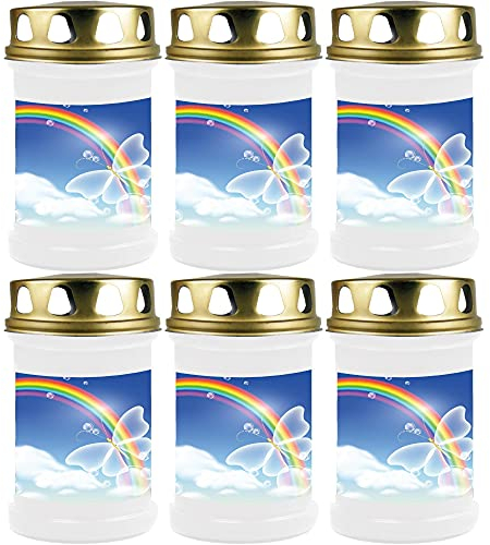 HS Candle Grabkerze Grablicht - 6er Pack - (Schmetterling Blau) - ca 40h Brenndauer je Kerze (14,5cm, Ø 7cm) - viele Verschiedene Designs