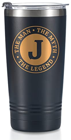 Onebttl The Man The Myth The Legend Mug with Initials, Monogrammed Stainless Steel Travel Tumbler for Men, Funny Personalised Coffee Cup, Custom Birthday Christmas Gifts for Him, 590 ml, J
