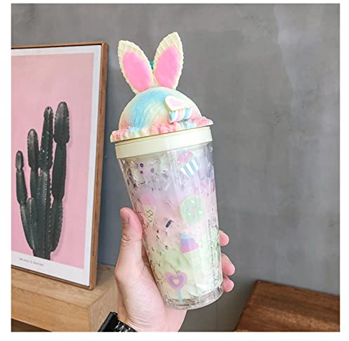 WKXCTS Mignon Lapin Oreilles Dessin animé Glace Tasse Fille préférée Gradient Couleur été personnalité créative Cool Paille Plastique Bouteille Cadeau (Capacity : 0.4L, Color : Cream Yellow)