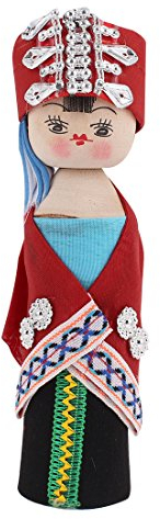 Ruilogod Silber Ton Kopfschmuck Rot Tuch China Minderheiten Frau Holz Puppe 17 cm