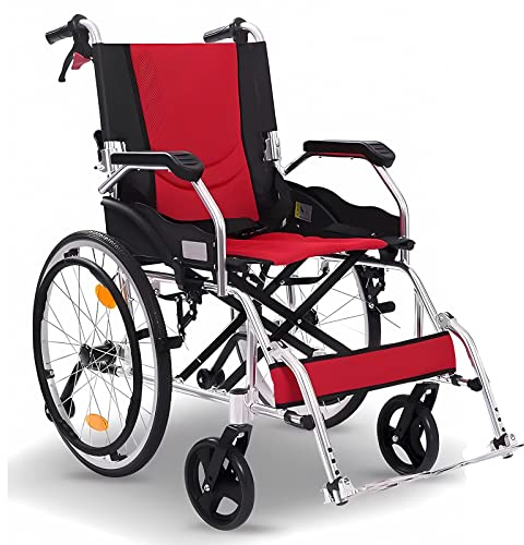 Ultraleichter Rollstuhl Faltbar Leicht Reiserollstuhl, Rollstühle mit Selbstantrieb, Trommelbremse, Einstellbares Fußstützen, Belastbarkeit 125 kg, Sitzbreite 45 cm,Rot