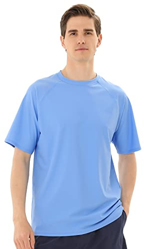 TIZAX Tee Shirt Anti-UV Homme Rashguard à Manches Courtes UPF 50+ Maillot de Bain Hauts T-Shirt de Sport Séchage Rapide Bleu L