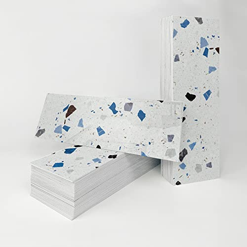 Alwayspon Vinyl-Wandfliesen-Aufkleber mit Terrazzo-Effekt, selbstklebende Spritzrückwand, schäumende Aufkleber für Küche, Badezimmer, Wand, 27 Stück x 10,2 x 30,5 cm, Weiß / Grau / Blau