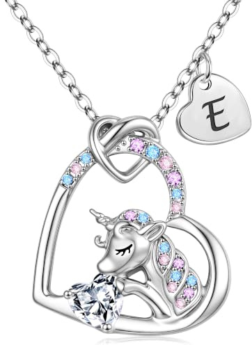 TINGN Einhorn Kette für Mädchen Geschenke - CZ Einhorn Anhänger Kette für Mädchen Herz Einhorn Kette Kinder Einhorn Halskette mit Buchstaben Kinder Schmuck Mädchen Geburtstagsgeschenk für Mädchen