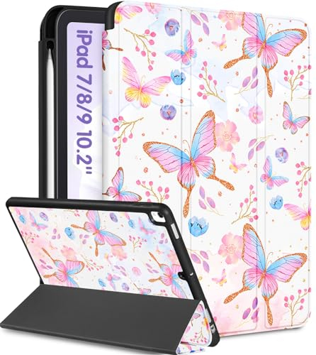 Uppuppy A2602 A2270 A2197 Étui pour iPad 9e/8e/7e génération 10,2’’, joli étui portefeuille intelligent avec porte-stylet, motif papillon, floral, esthétique, girly, kawaii