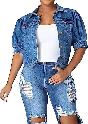 Lazutom Women's Casual Short Sleeve Cropped Denim Jacket Puff Sleeve Button Down Jean Jacket