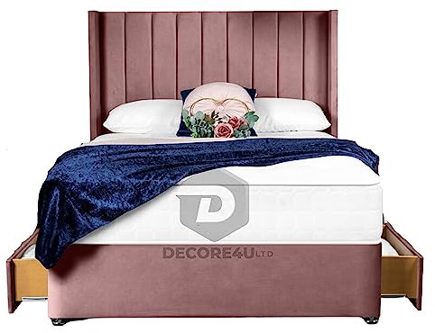 DECORE4U LTD Pink Suede Divan Bed | Modern Bed with 2 Storage Drawers and Matching Vertical Liner Wing Back Headboard | Bed Frame with 10” Thick Spring Memory Foam Mattress(5FT King Size)