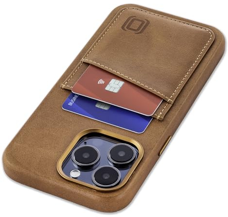 Dockem Genuine Leather Card Case for iPhone 15 Pro Max with Built-in Metal Plate for Magnetic Mounting, Stitched-on Wallet with 2 Credit Card Pockets (Light Brown, M2GL)