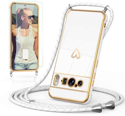 Togestar Handykette Hülle für Google Pixel 8 Pro Handyhülle mit Band und Schutzfolie, Kameraschutz Herz Love Design 360 Grad Stoßfeste Schutzhülle Silikon TPU mit Kordel zum Umhängen, weiß