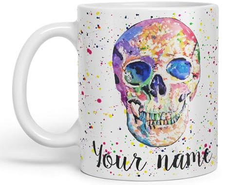 Vixar Personalised with Your Text Skull Front Art Coloured Ceramic Mug Cup Gift 330ml 11oz Custom Work Office Tea Coffee (White)