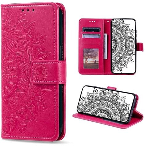 CASEONJAN Handyhülle für Samsung Galaxy A14 4G/5G Hülle, PU Leder Klapphülle mit [Kartenfach] [Magnetverschluss], Flip Case Handytasche Prägung Schutzhülle für Samsung A14 4G/5G (Rot)