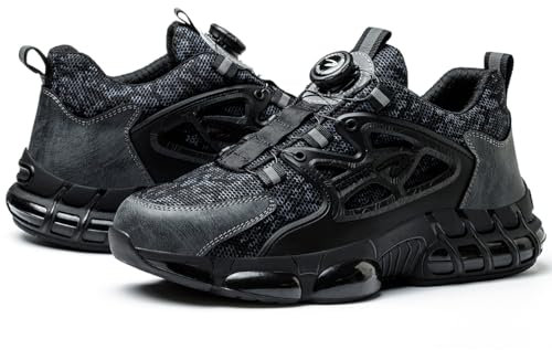 COMFOX Zapatos de seguridad ligeros para el trabajo, botas de punta de acero, cierres de cordón, cierre de cordón para cordones sin atar, Black678, 43.5 EU