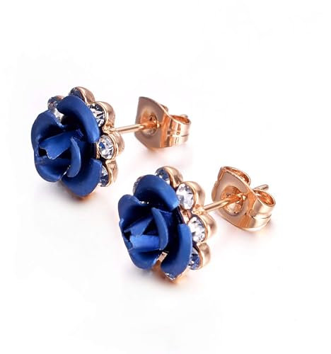 Vogem Blue Rose Flower Earrings Studs for Women Rose Gold Plated Stud Earrings for Pierced Ears Exquisite Jewelry