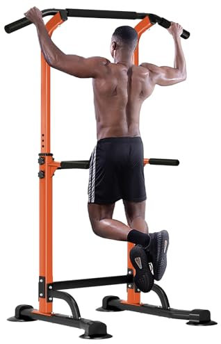 SogesHome Klimmzugstange Power Tower Übung Euipment für Zuhause Fitnessstudio Dip Station Höhenverstellbar Fitness Krafttraining Dip-Stationen (Orange)