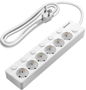 DEWENWILS Regleta Enchufe Conmutable Individualmente, 6 Puertos de CA con Protección contra Sobrecargas, Montaje en Pared, Cable de 2 Metros, 3680W/16A, Cerraduras para Niños, Girado 45°, Blanco
