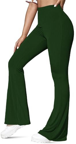 NetSetUK Womens Petite Bootcut Range Rib Knit High Waist Stretchy Tummy Control Wide Leg Bootleg Yoga Pants Palazzo Flare Trousers for Ladies Bottle Green