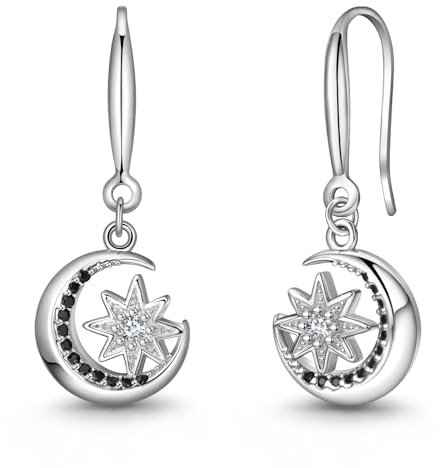Lydreewam Mond und Stern Ohrringe Hängend für Damen 925 Sterling Silber Schwarz Weiß Zirkonias Ohrhänger für Muttertag Geburtstag