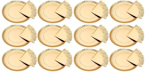Acan Tradineur - Pack de 12 bandejas Redondas de cartón con blonda, Fuente reciclable para Pasteles con Encaje de Papel, decoración de Fiestas, presentación de postres (Dorado - Ø 38 cm)
