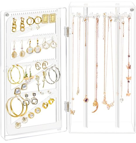 JUPELI Acrylic Necklace holder Earring Organiser, Dustproof Rotating Jewellery Holder Organiser Box, 24 Hooks Long Necklaces & 108 Holes Earring Storage Display Stand Case Rack, Gift For Women Girls