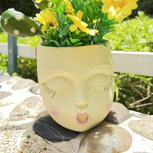 EylbKey Pot de fleurs en forme de visage, pot de fleurs pour cactus, pots de fleurs pour plantes, plantes grasses, pot de fleurs pour visage, pots de fleurs pour intérieur et extérieur, baiser, jaune