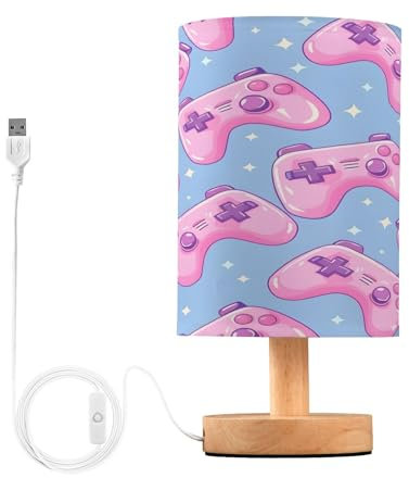 Minimalist Night Stand Light Lamp - Pink Joysticks Bedside Table Lamp with USB Port，Wood Base Round Flaxen Fabric Shade Desk Reading Lamp for Living Room Office Dorm