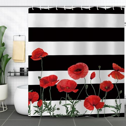 FAIRYGATE Dushenvorhang Schwarz Vorhänge Weiss Duschvorhänge 180x180cm Pflanze Blatt Duschvorhang Set Schwarz Badezimmer Bathroom Curtain Dusche Waschbar Badewanne Vorhang Schnell Trocknende B9116