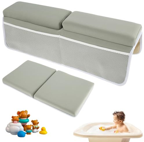 Baby Bath Kneeler and Elbow Rest Pad Set Comfortable Foam Bath Kneeling Pad Anti-Slip Bath Tub Elbow Pad with 4 Organizer Pockets Washable Baby Bath Cushion for Toddler Bathroom (Grey)