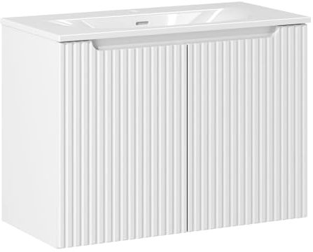 Lomadox Badezimmer Waschtisch 80cm mit Keramikwaschbecken, weiß mit gerillter Front