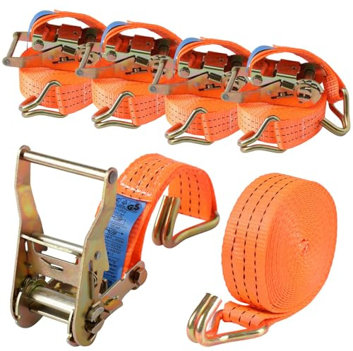 Snewvie 4 Stück 3000kg 6m Spanngurte mit Ratsche 3 teilig zweiteilig mit Haken Ratschengurt Zurrgurte orange 40mm 3T Industrie