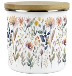 Purely Home Pastel Flowers Storage Canister - Pretty Watercolour Floral Homewares Gifts - White Metal Enamel Medium Sized Kitchen Food/Drinks Storage Container (No Text)