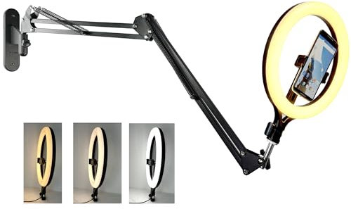 11'' Ring Light Wall Mount Phone Holder, Cell Phone Selfie Light with Wall Rotating Arm Compatible with iPhone 16 15 14 13 12 11 Xr Xs X pro max and Samsung Smartphones