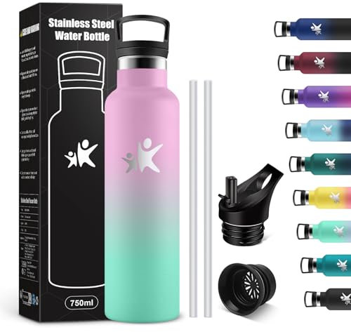 KollyKolla Gourde Isotherme 750ml, Bouteille Isotherme en Acier Inoxydable, Bouteille d'eau sans BPA, Gourde Inox avec Paille, Gourde Reutilisable pour l'École, Bureau, Extérieur, Camping, Yoga