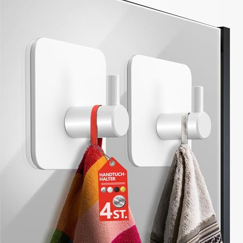 4smile Handtuchhaken ohne Bohren - 4er Set Handtuchhalter ohne Bohren weiss, Edelstahl Haken, Klebehaken wasserfest - Haken selbstklebend, Bad Handtuchhaken, funktionale Badezimmer Handtuchhalter