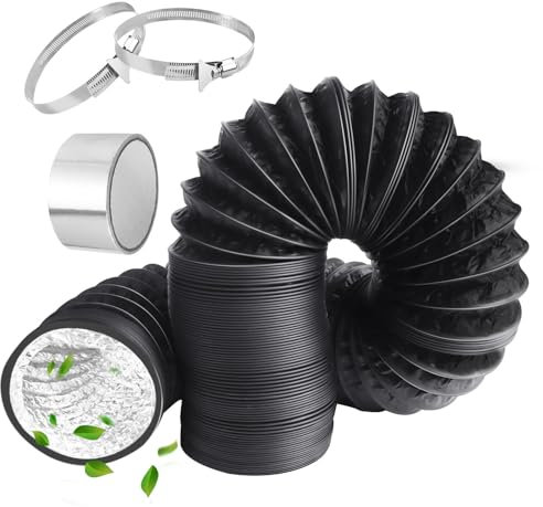 150mm Tumble Dryer Vent Hose 4.2m Long PVC Aluminium Flexible Ducting Hose with 2 Clamps,1 Volume Tape Black Air Ducting Vent for Air Conditioner, HVAC Ventilation, Cooker Hood, Extractor Fan