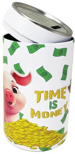 Salvadanaio Lattina Maialino Porcellino Bianco Time Is Money in Metallo Latta Apribile 16x8cm