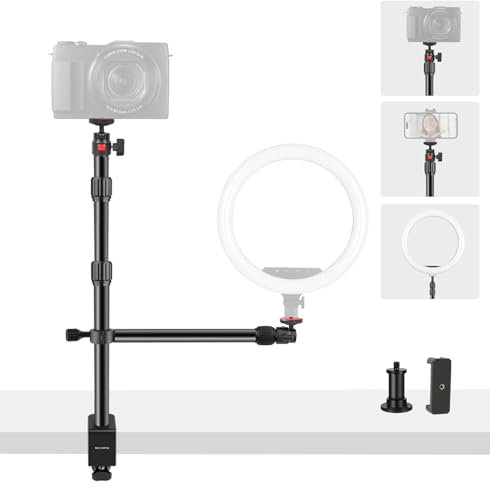 Mechrig - Table Camera Stand with Magic Arm and Ball Head, C-Clamp Table Light Stand, Webcam Stand for DSLR Camera, Video Light Ring, Microphone
