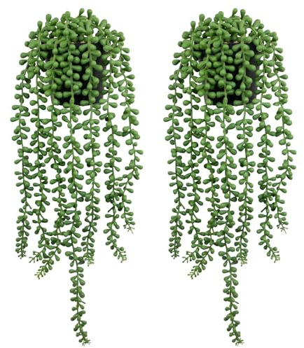LOYWREE 2Pcs Fake Plants Indoor Artificial String of Pearls Plant in Black Pots, Realistic Green Faux Succulent Hanging Plants for Shelf Decor Desk Home Garden Decorations