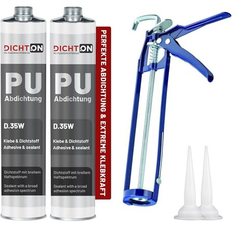 PU Fugenabdichtung 2x300g in grau + Kartuschenpistole - Kleben & Abdichten unter Wasser - lösemittelfrei, UV-stabil, hochflexibel - Kleb- und Dichtstoff für Poolbecken, Gartenteich © DICHTON D.35W