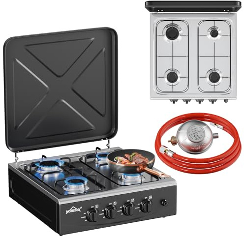 HOMELUX Campingkocher, 4 Flammig Gaskocher, 6,2 KW Gaskochfeld mit 1,5M Anschlussschlauch und Druckminderer 50 mbar