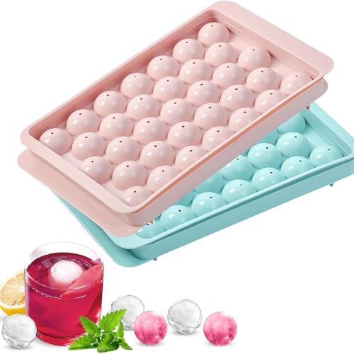 2 Pcs Round ICES Cube Moulds, Round Ice Cube Tray with Lid, Reusable ICES Trays Easy to Remove Sphere Ice Making Mold for Freezer Water and Other Drink (Blue, Pink)