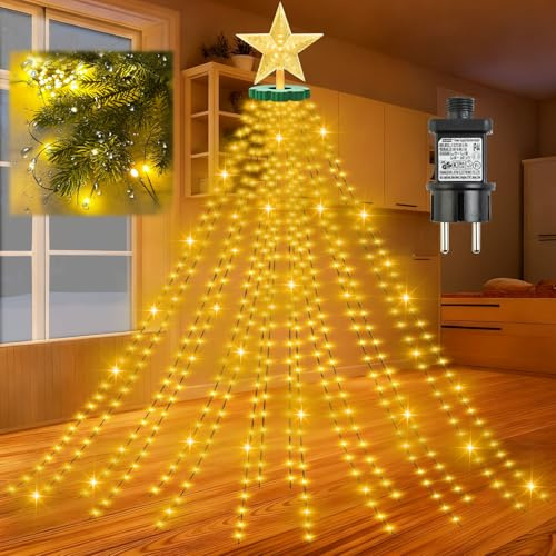 NEMMXUB LED Lichterkette Außen WarmWeiß 3M 480 LED mit Weihnachtsbaumspitzen Weihnachtsbeleuchtung Aussen Strom lichterketten mit 8 Leuchtmodi, Wasserdicht für Party, Garten, Baum, Weihnachten Deko